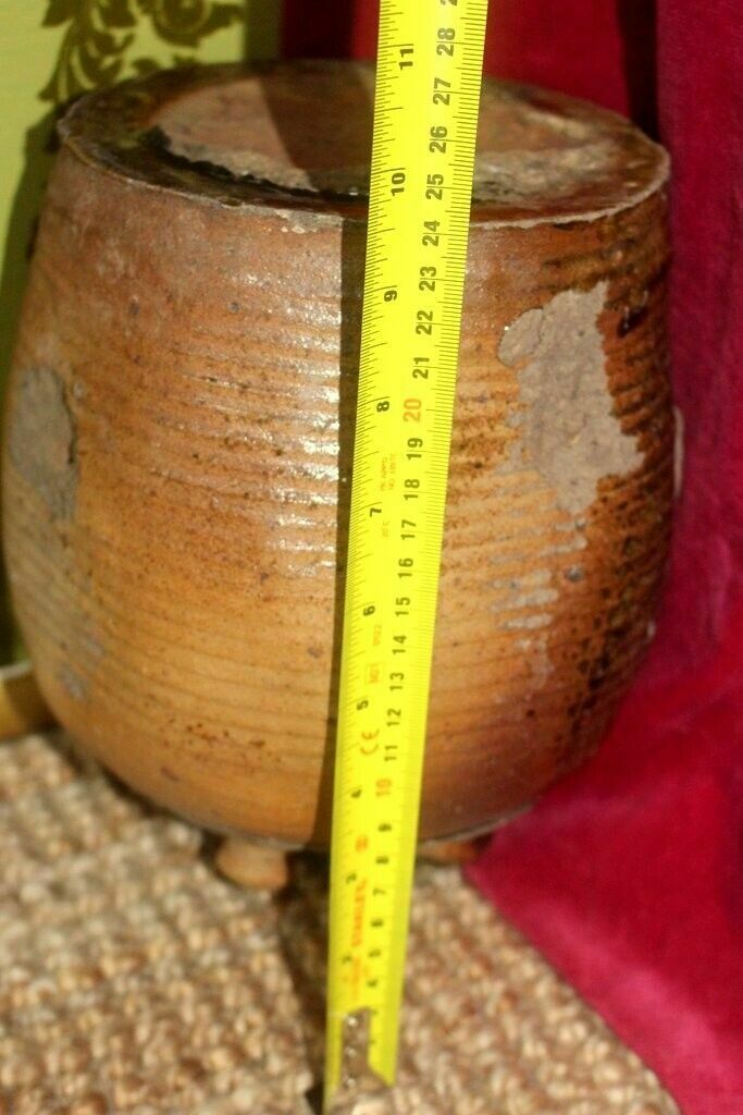 Home Decor Tactile 19thc Antique French Hand Turned Clay Stoneware Twin Handled Oil Pot photo