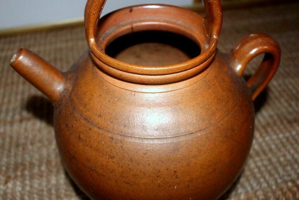 19thc Antique French Hand Turned Clay Stoneware 2 Handle Oil Pot photo vintage