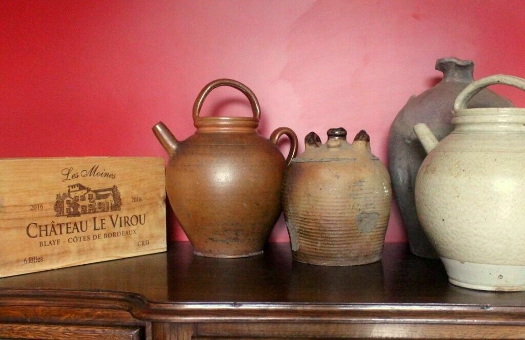 photo vinterior 19thc Antique French Hand Turned Clay Stoneware 2 Handle Oil Pot