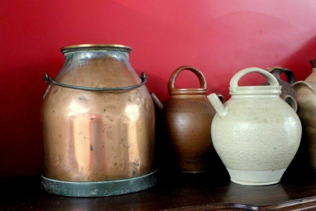 19thc Cream Antique French Hand Turned Clay Stoneware 2 Handle Oil Pot