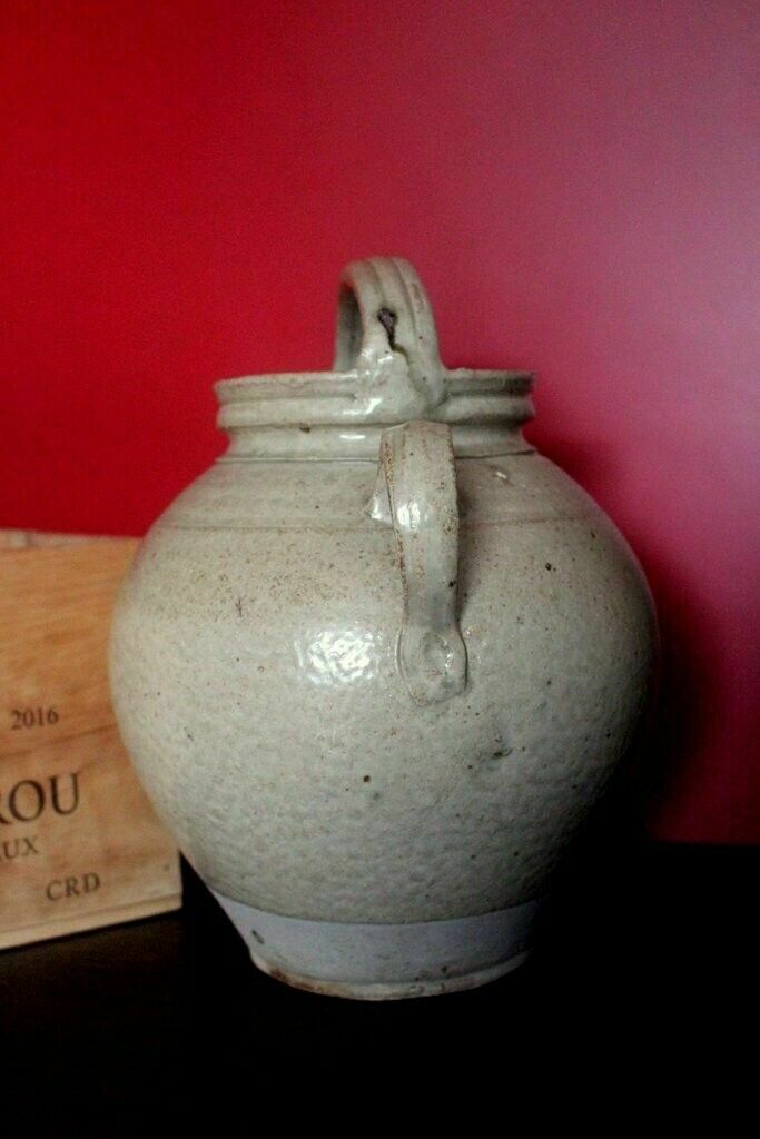 19thc Cream Antique French Hand Turned Clay Stoneware 2 Handle Oil Pot photo vinterior