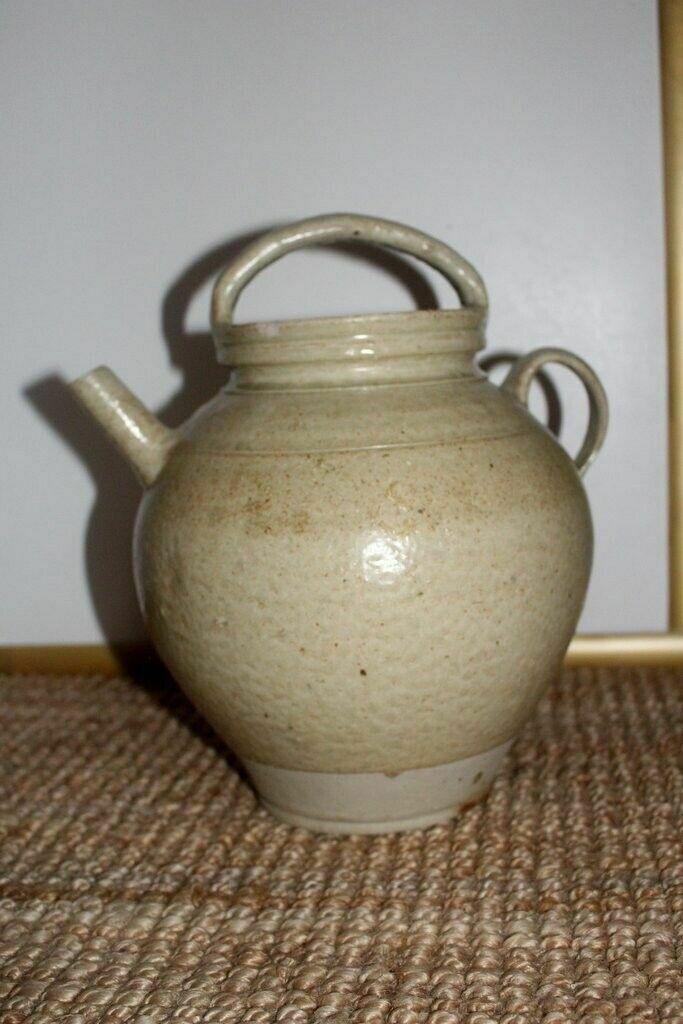 photo furniture 19thc Cream Antique French Hand Turned Clay Stoneware 2 Handle Oil Pot