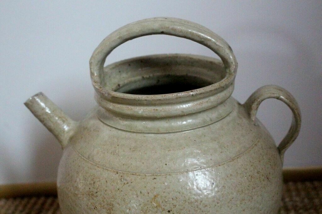 Home Decor 19thc Cream Antique French Hand Turned Clay Stoneware 2 Handle Oil Pot photo
