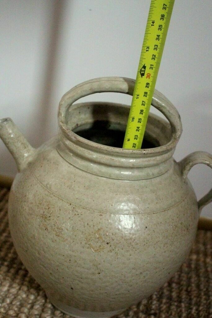 101.0 19thc Cream Antique French Hand Turned Clay Stoneware 2 Handle Oil Pot photo