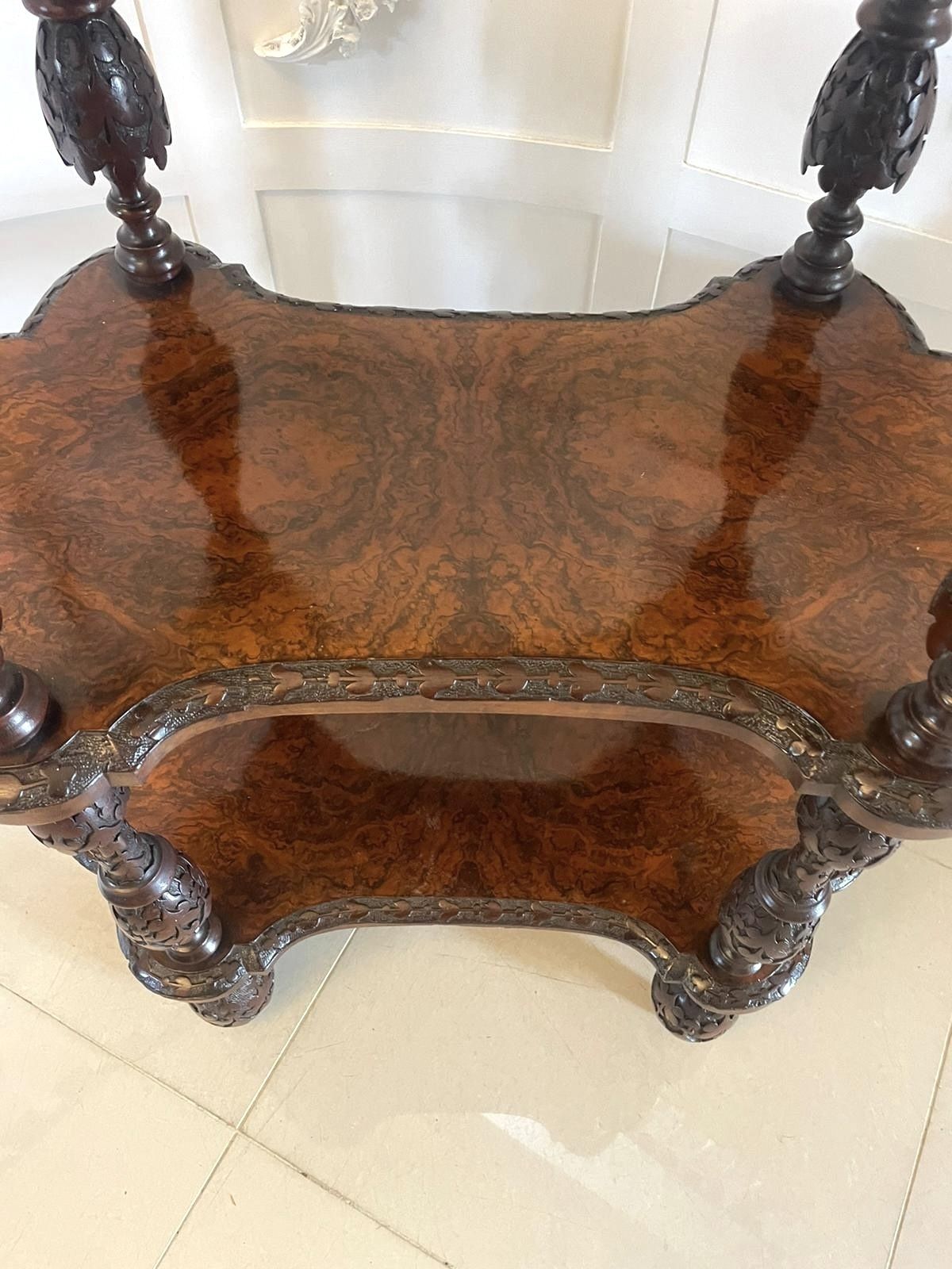 Rare Irish Antique 19th Century Exhibition Quality Freestanding Burr Walnut Carved Whatnot photo for sale