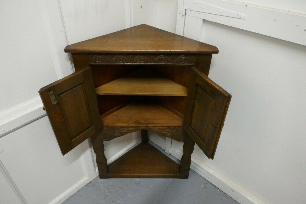 Gothic Oak Shelved Corner Cupboard With Under Tier photo for sale