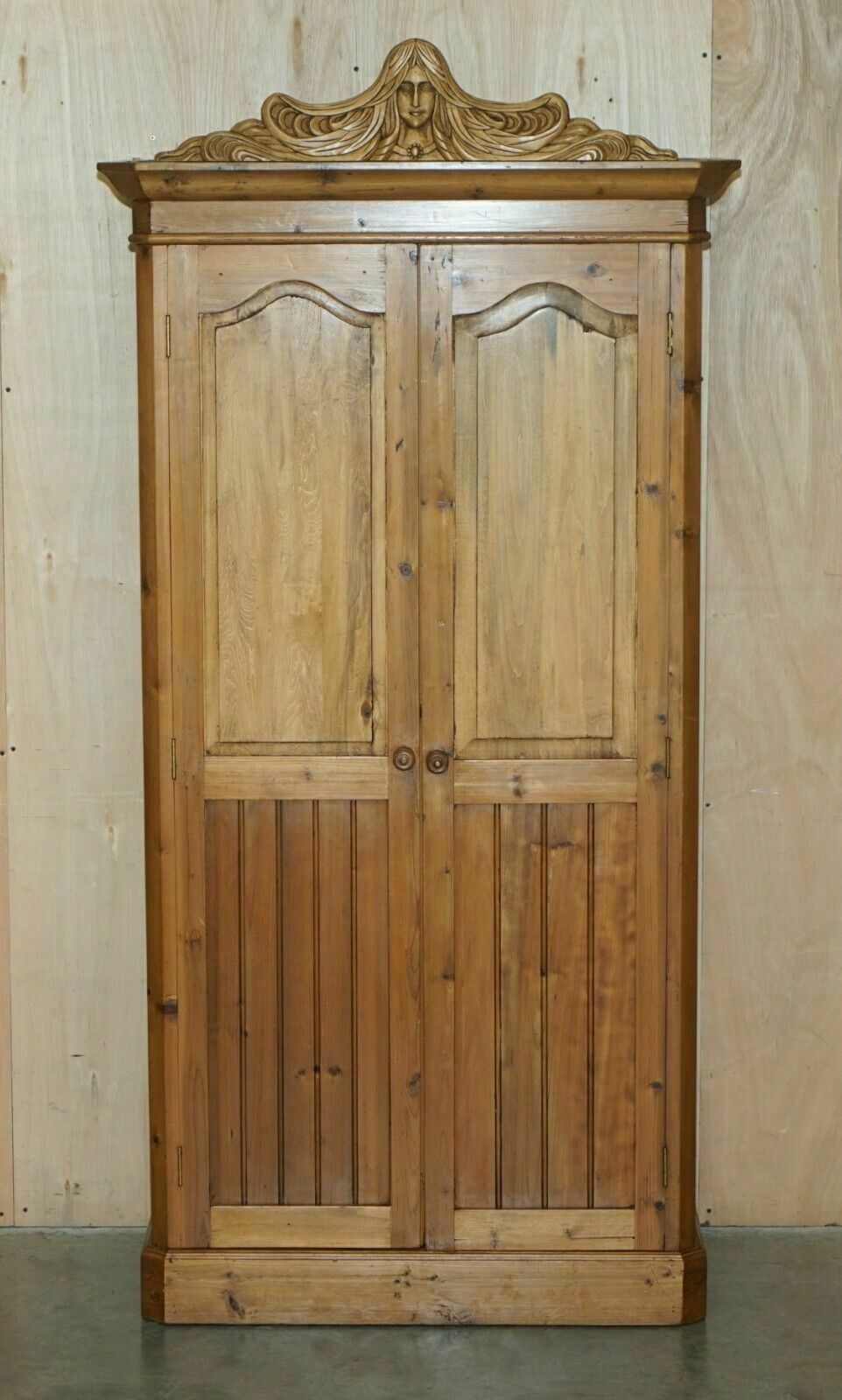 Exquisite Vintage Hand Carved Art Nouveau Pine Wardrobe Nude Nymphs Inside photo furniture