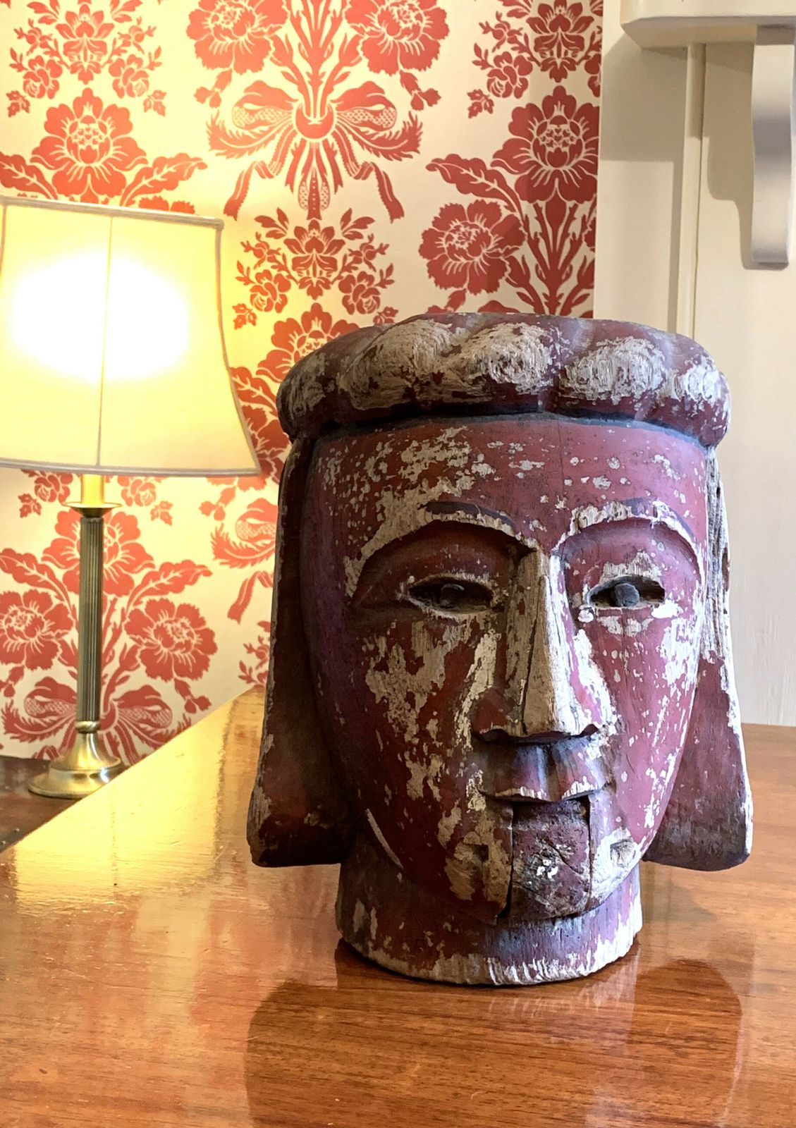Lifesized Carved Wood Burmese Marionette Head   Red Faced Prince Regent photo furniture