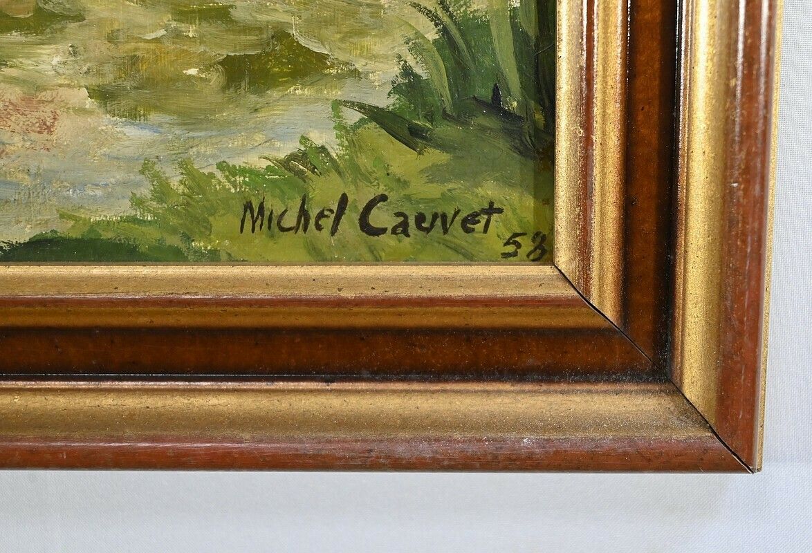 Art Oil Painting On Wood, Signed M.Cauvet – 1958 photo
