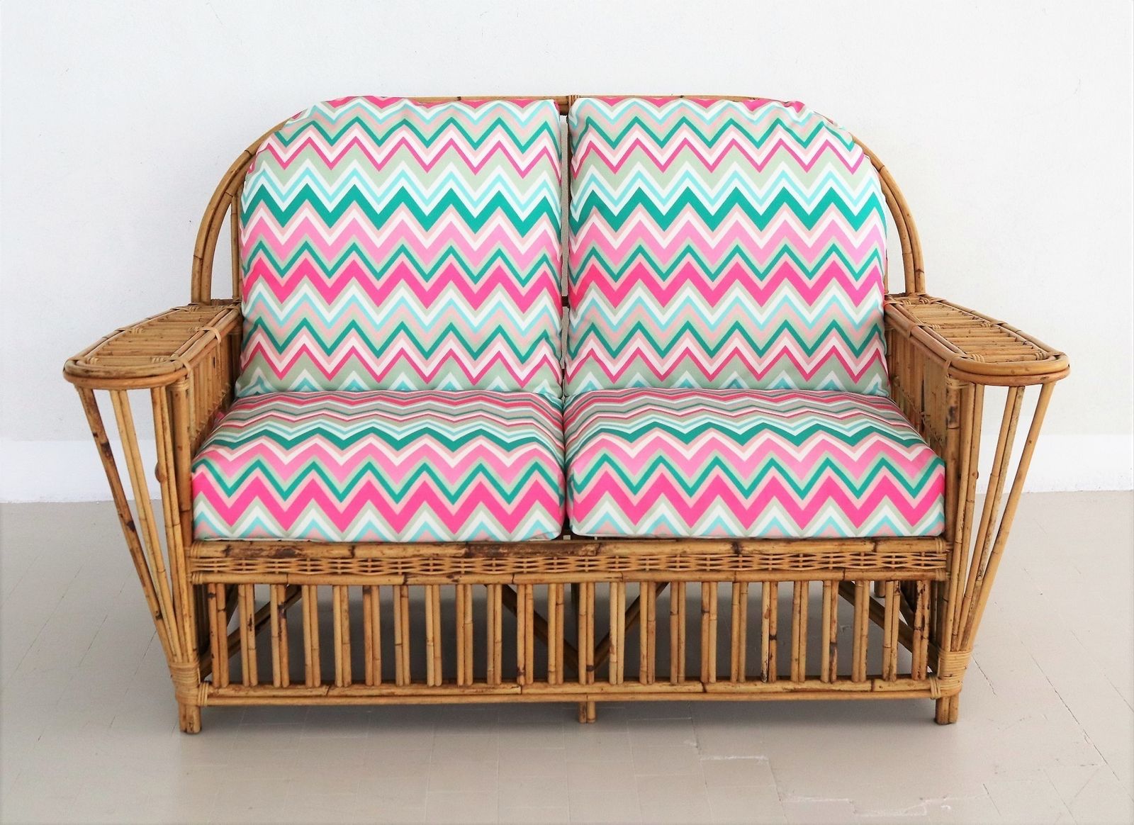 Italian Mid Century Bamboo And Rattan Sofa With New Upholstery, 1980s photo for sale