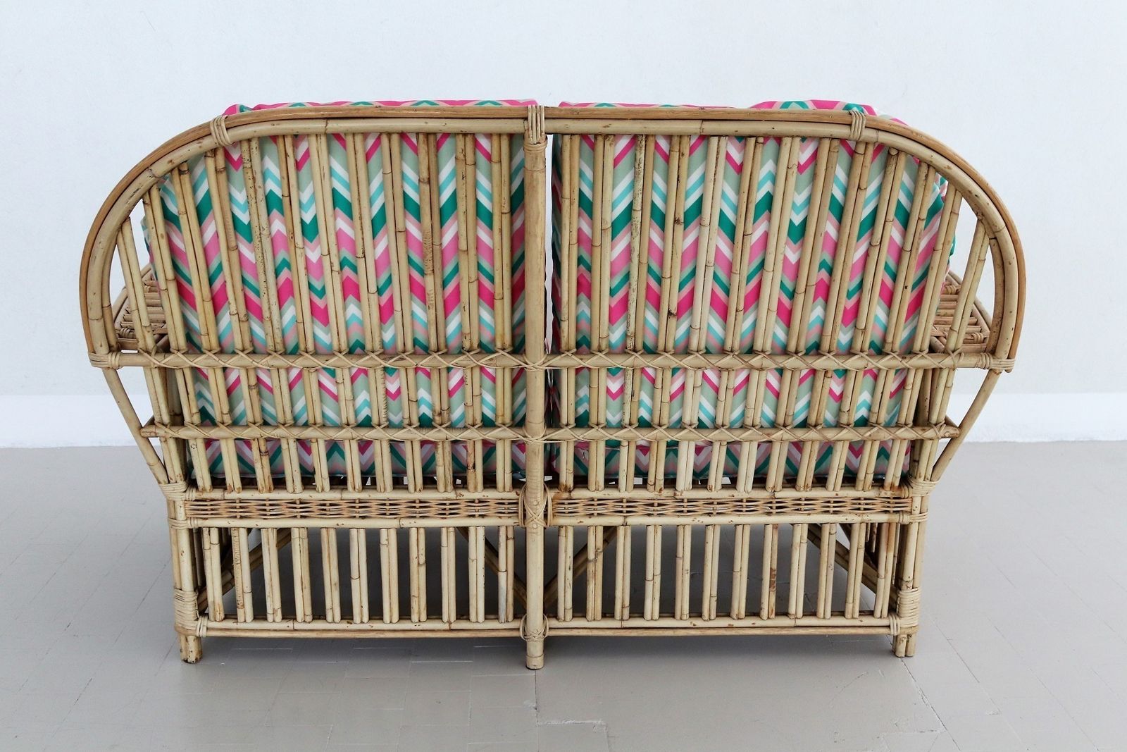 Italian Mid Century Bamboo And Rattan Sofa With New Upholstery, 1980s photo vintage