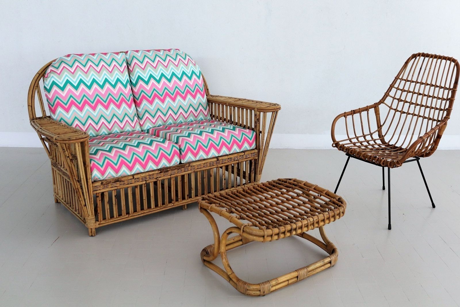 photo buy Italian Mid Century Bamboo And Rattan Sofa With New Upholstery, 1980s