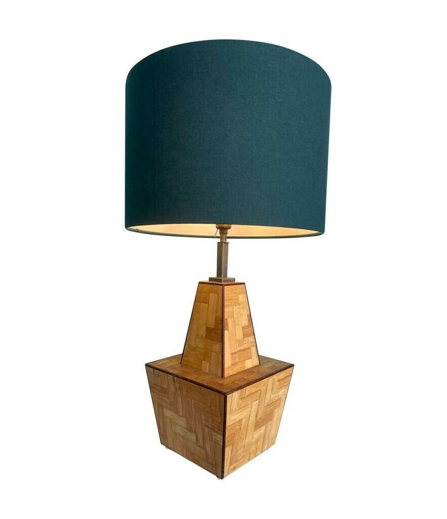 An Interesting Shaped Italian 1970s Rattan Marquetry Lamp With New Bespoke Shade