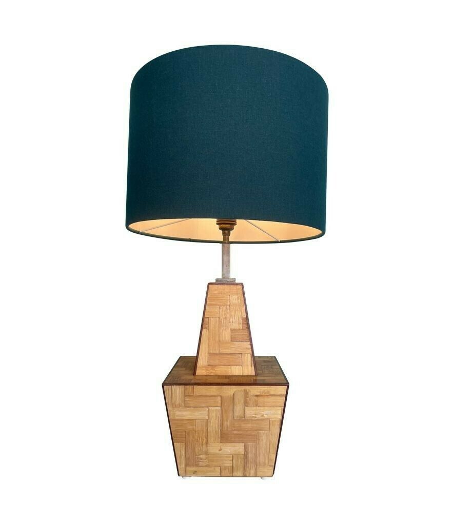 An Interesting Shaped Italian 1970s Rattan Marquetry Lamp With New Bespoke Shade photo for sale