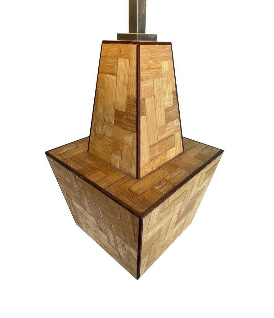 photo for sale An Interesting Shaped Italian 1970s Rattan Marquetry Lamp With New Bespoke Shade