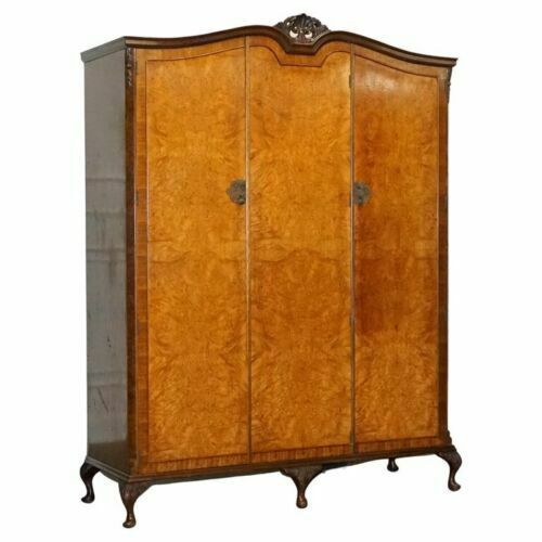 Antique Distressed Burr Walnut Triple Wardrobe With Queen Anne Legs