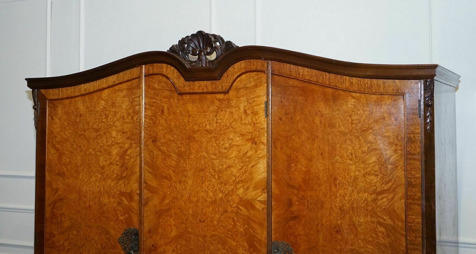 Antique Distressed Burr Walnut Triple Wardrobe With Queen Anne Legs photo vinterior