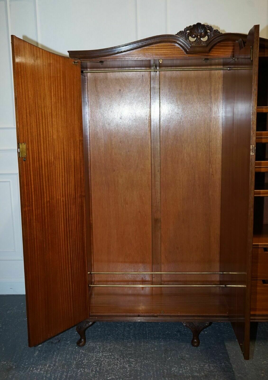 photo for sale Antique Distressed Burr Walnut Triple Wardrobe With Queen Anne Legs