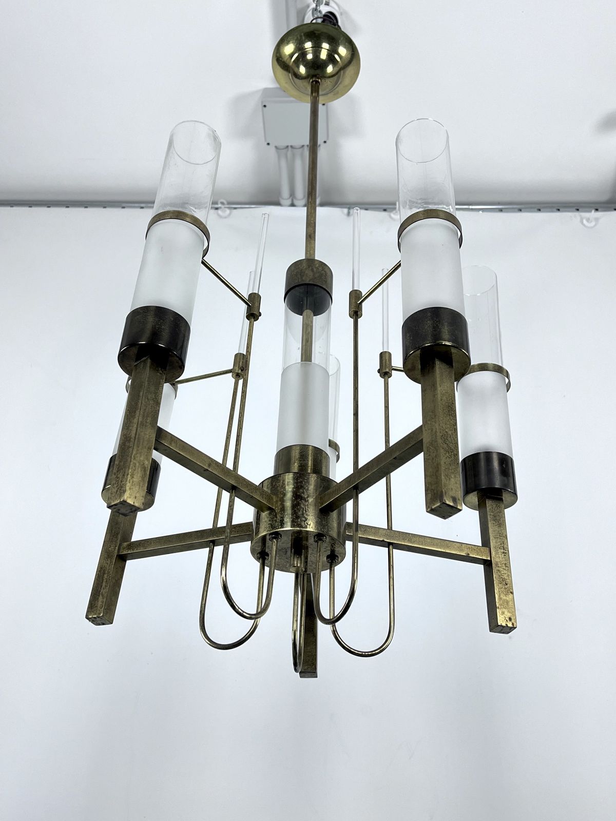 Sciolari, Five Arms Brass And Glass Tube Chandelier. Italy 1960s photo vintage