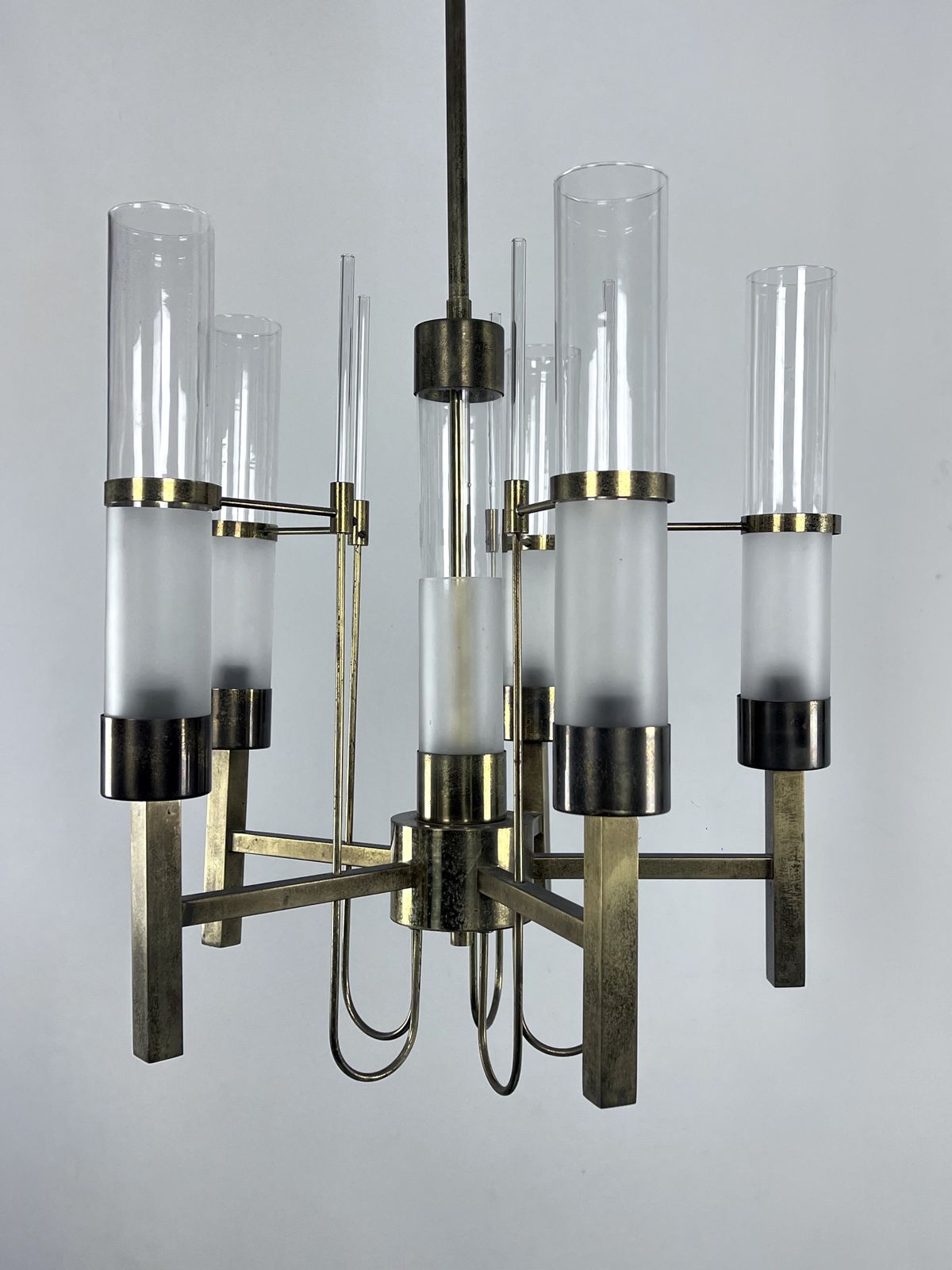 Sciolari, Five Arms Brass And Glass Tube Chandelier. Italy 1960s