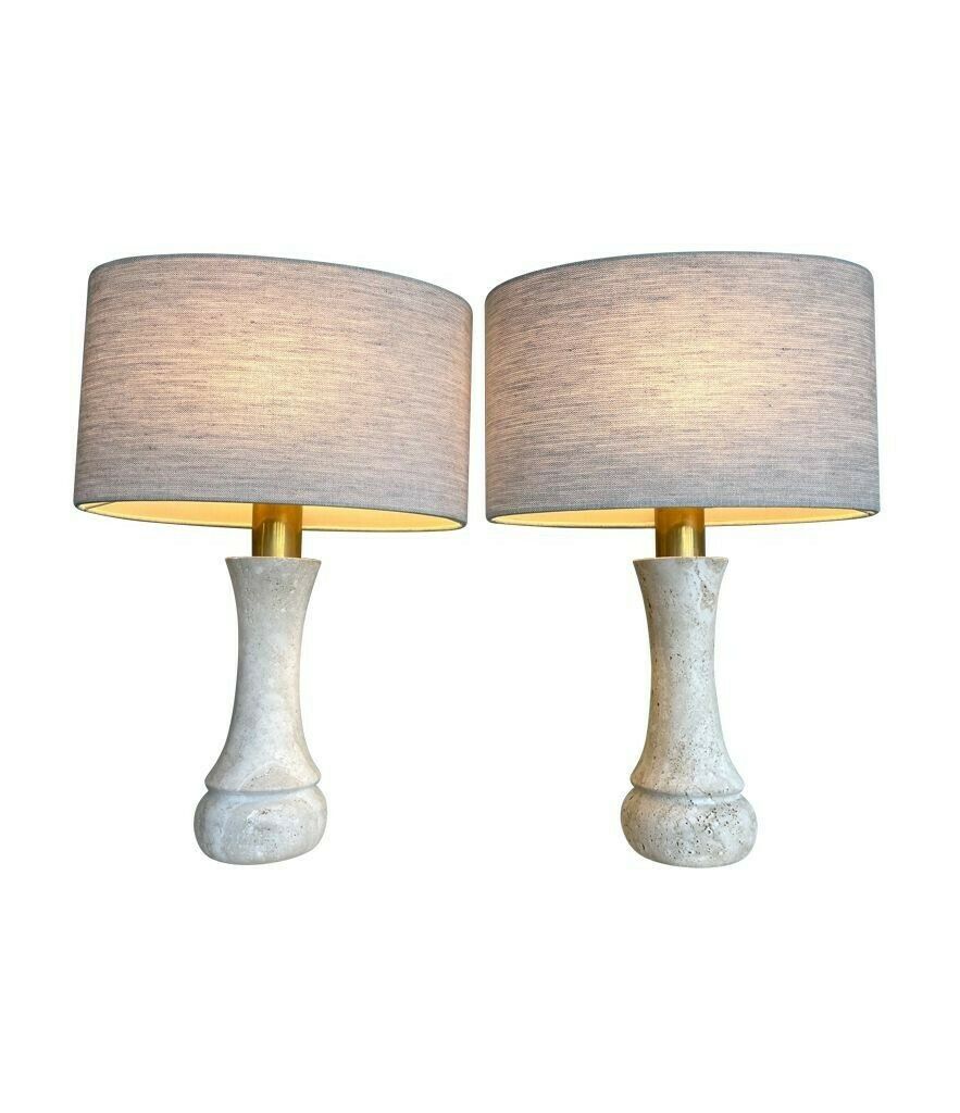 A Pair Of 1970s Travertine And Brass Lamps By Fratelli Mannelli With Bespoke Linen Shades