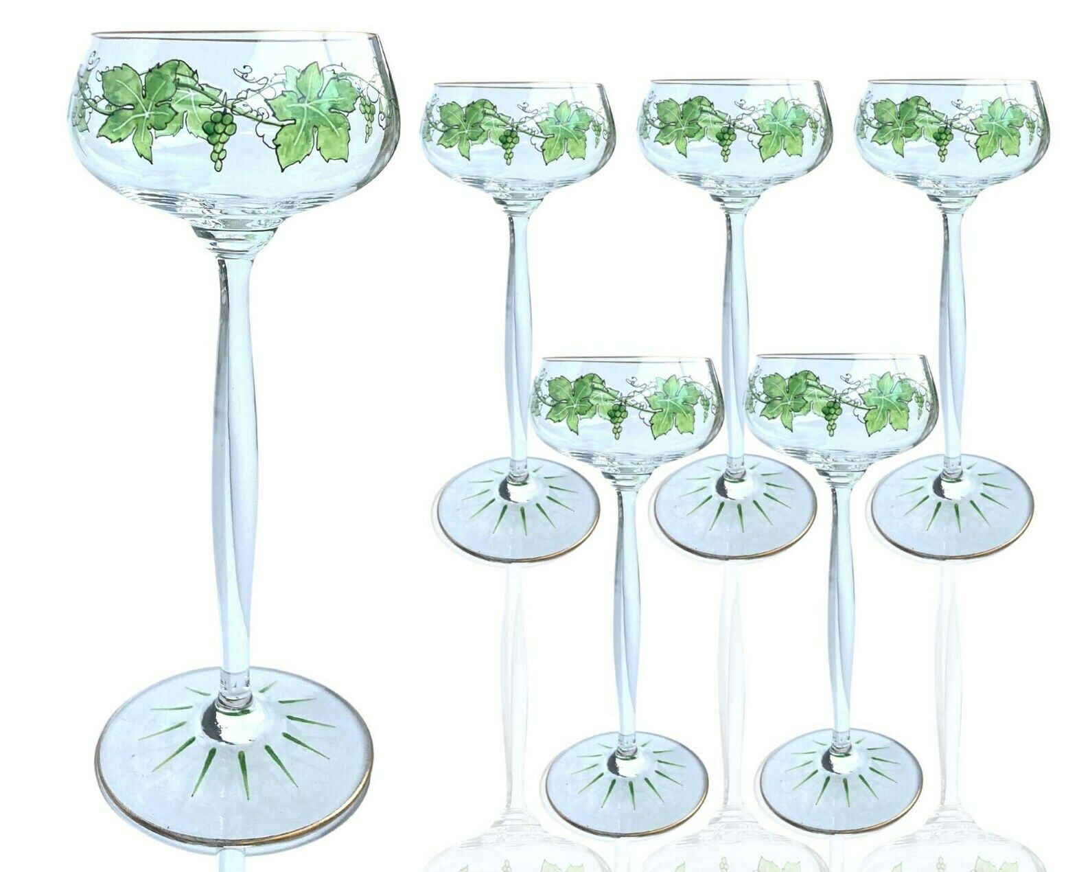 Jugendstil Wine Glasses | Art Deco Wine Goblets | By Theresianthal | Design Hans Christiansen | 6pcs| Grape Leaves | 1900 1905