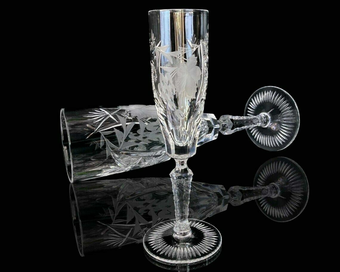 Vintage Champagne Glasses | Crystal Toasting Flutes | | 6pcs | Nachtmann Grapes Decor | 1970s photo for sale