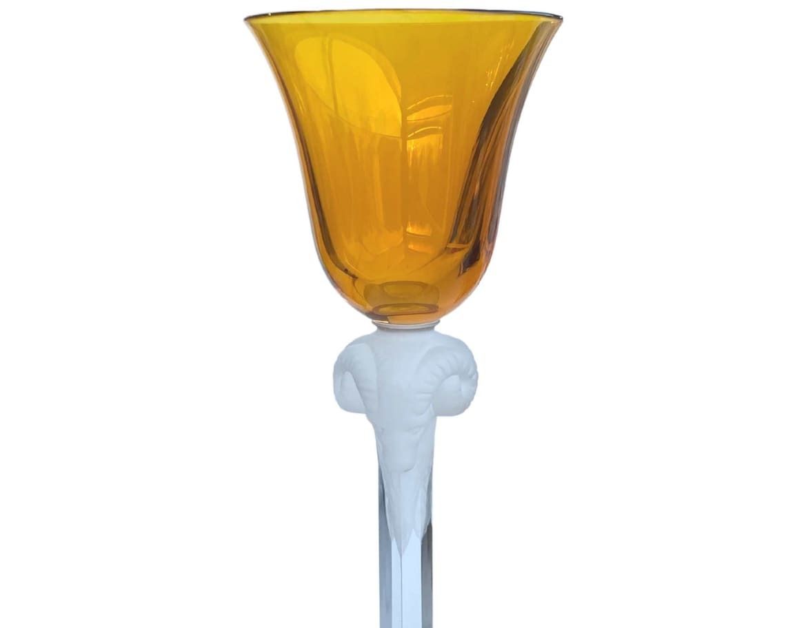 Crystal Wine Glasses | Yellow Goblets | 6pcs| Frosted Rams Heads | Very Rare Lalique Style photo Home Decor
