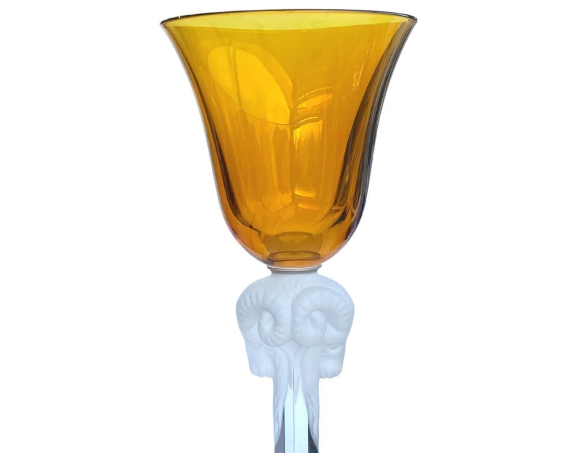 Crystal Wine Glasses | Yellow Goblets | 6pcs| Frosted Rams Heads | Very Rare Lalique Style photo buy