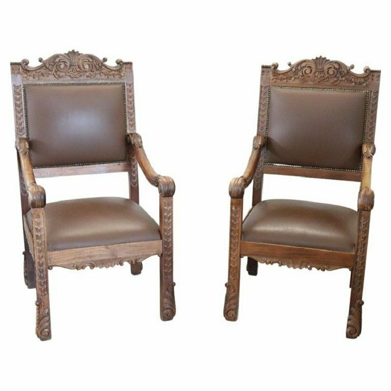 Late 19th Century Carved Walnut Throne Chairs, Set Of 2