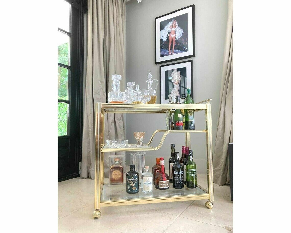 Pierre Vandel Bar Cart With Gold Tray | 3 Levels, Bottle Holder And Serving Tray | Paris 1960s photo buy