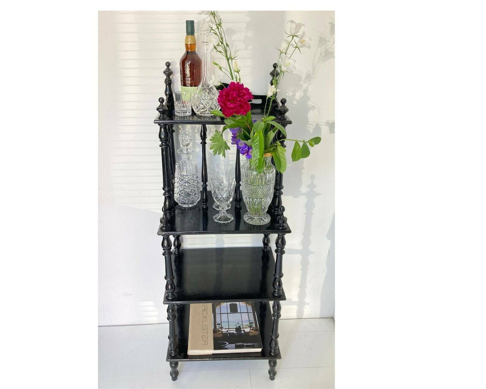 Antique Black Etagere | 19th C Victorian Shelf Unit | Antique | Wood Turned Legs photo vintage