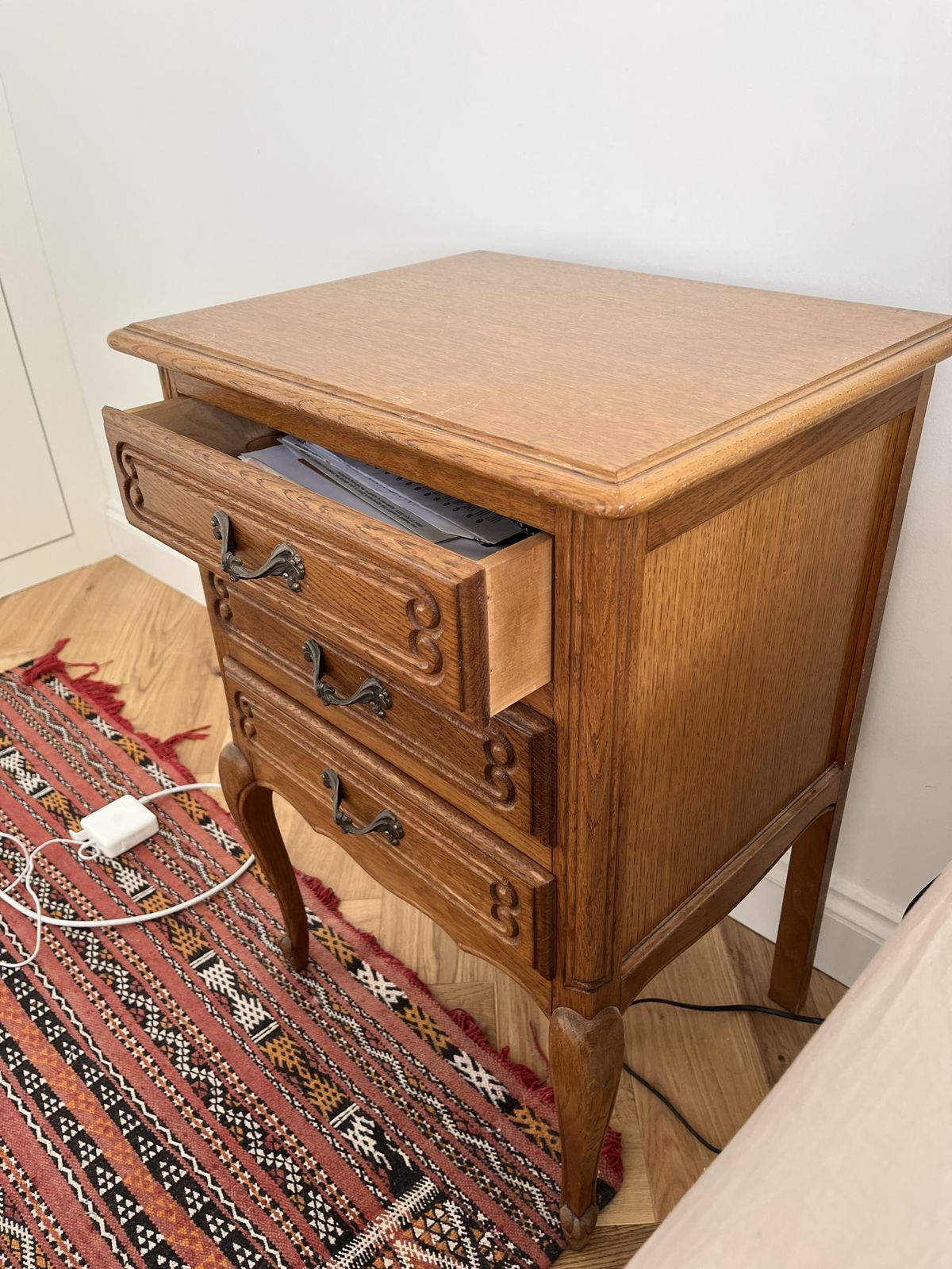 Louis XV Style French Carved Honey Oak 3 Drawer Bedside Cabinet photo Furniture
