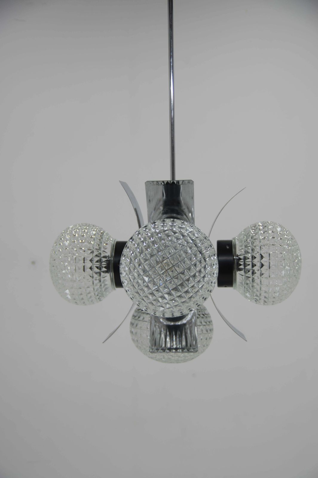 Mid Century Chrome & Glass Chandelier, Czechoslovakia, 1970s photo for sale