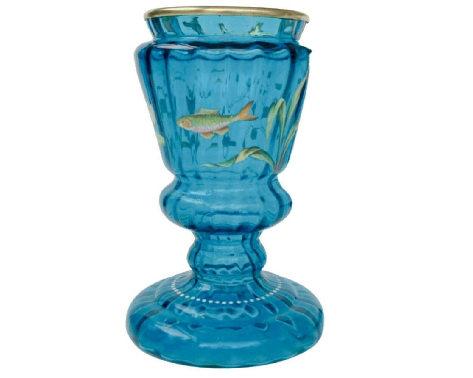 Antiek Blauw Glazen Vaas | Geëmailleerd Met Geschilderde Vissen | Harrach, Ca. 1910 photo 399.0