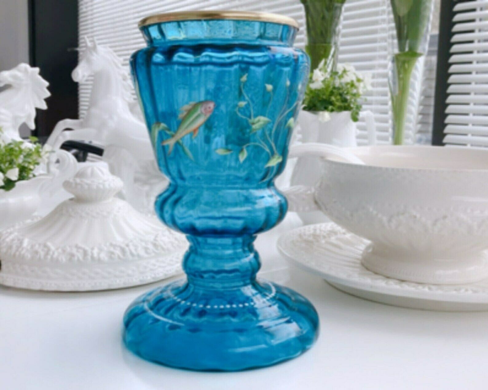 Antique Blue Glass Vase | Enamelled With Painted Fish | Harach Ca 1910 photo buy