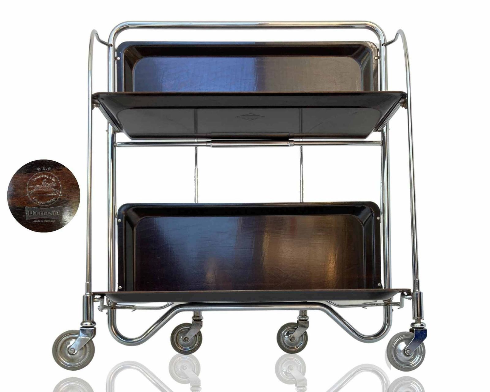 Chrome Bar Cart Foldable | Bremshey Dinett | Side Table In Dark Brown | Original 60s Design