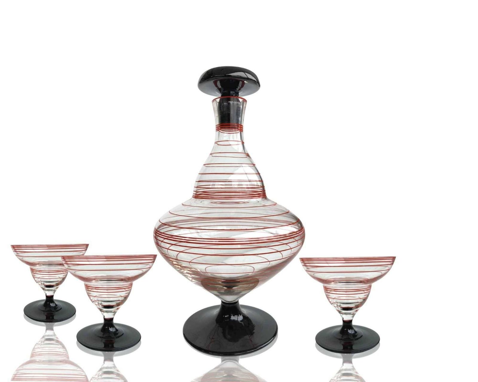 Art Deco Karafelset | Bimini Werkstatte | 4 Delig | Rood En Zwart | Cirkelpatroon | Art Glass | Jaren 1930