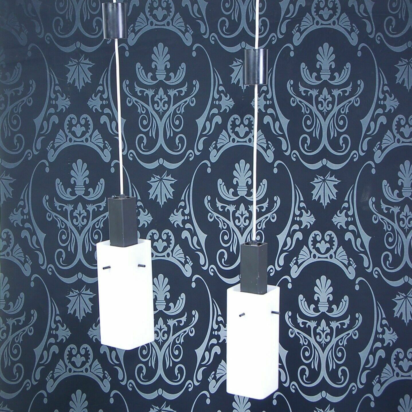 Pair Of Vintage Chandeliers 1950s Design Parallelepiped Lampshade Or Opal Glass photo for sale