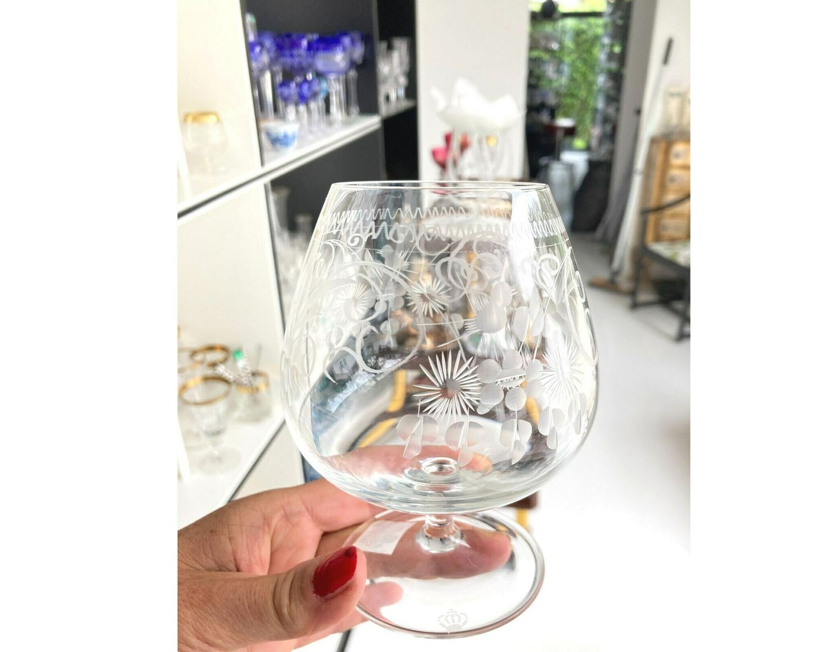 Crystal Large Cognac Glasses | Brandy Snifters| 2pcs| Bird Engravings | Theresienthal Radgravur photo vintage