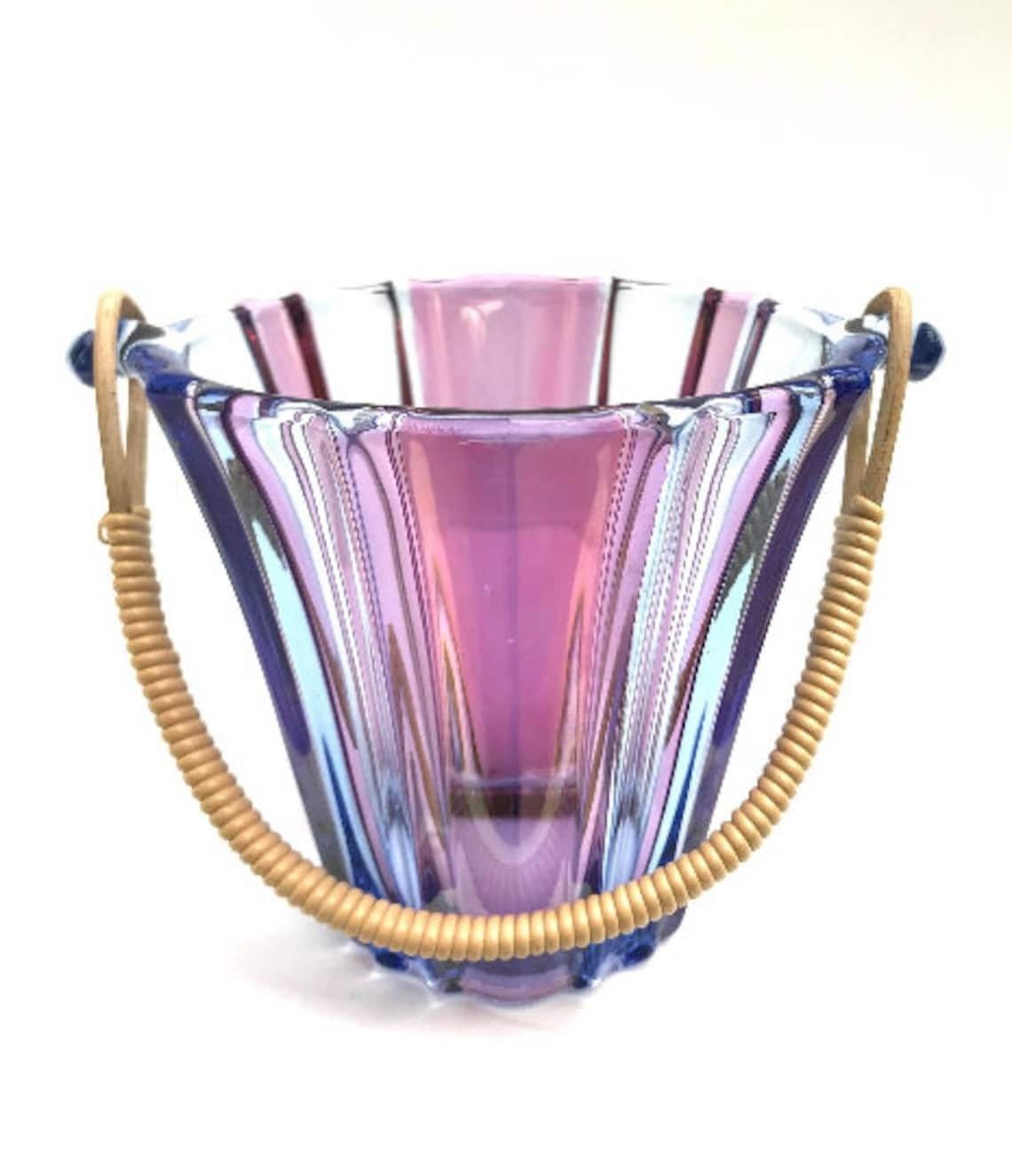 Vintage Glass Ice Bucket Purple Blue Pink Glass With Scoubidou Handle Mid Century Barware Bar Cart Decor Styling Photography Prop Gift