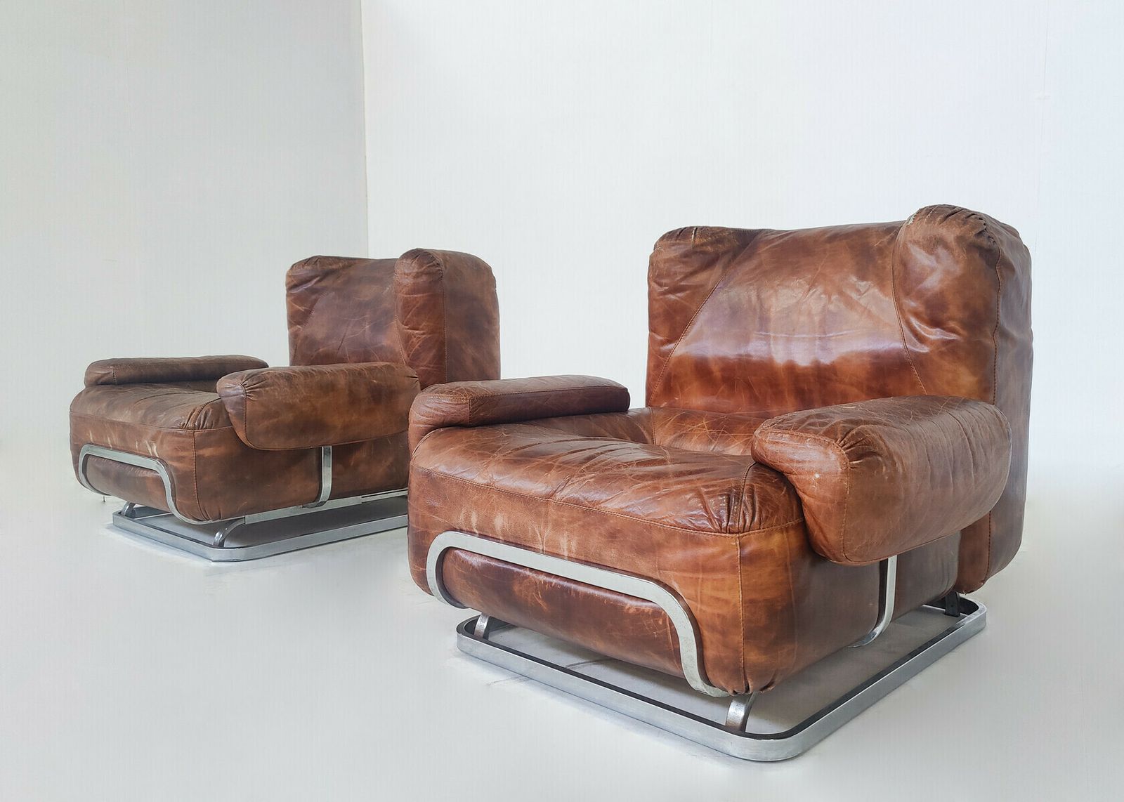 Pair Of Mid Century Modern Leather & Chrome Armchairs photo furniture