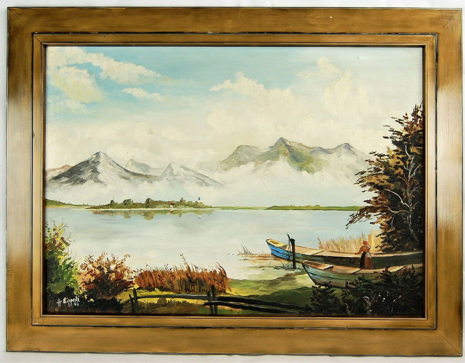 Lake In The Black Forest Mountains Original Fine Oil Painting From The Middle Of The 20th Century
