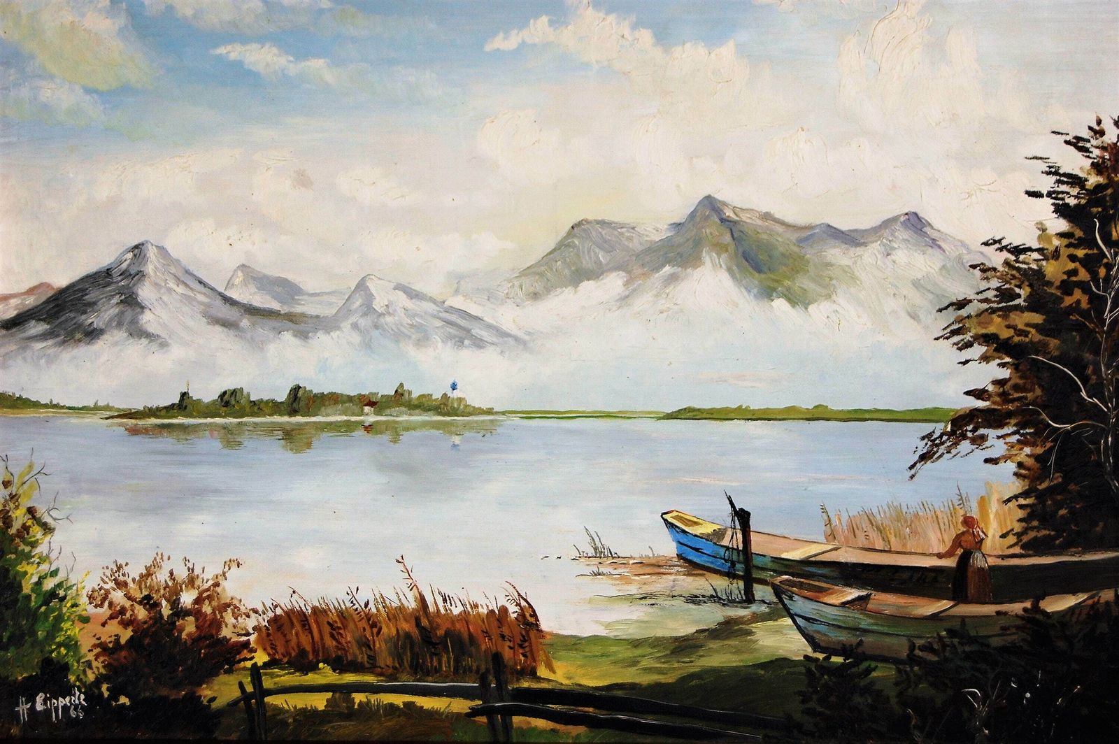 Lake In The Black Forest Mountains Original Fine Oil Painting From The Middle Of The 20th Century photo furniture