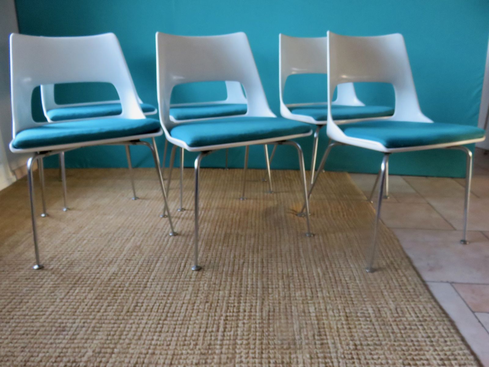 6 White Chairs With Turquoise Slab By Kay Korving. Denmark 1975 photo furniture