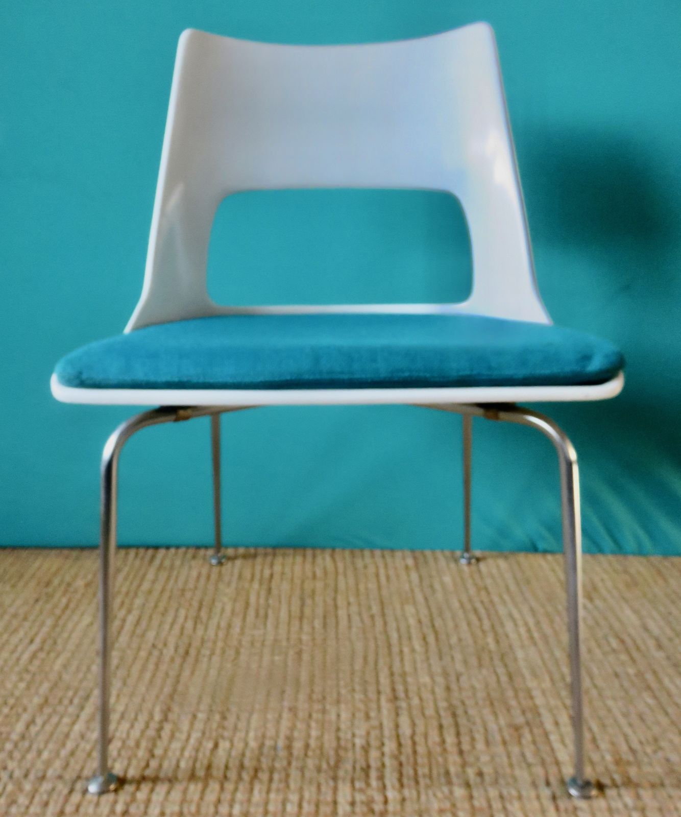 6 White Chairs With Turquoise Slab By Kay Korving. Denmark 1975 photo for sale