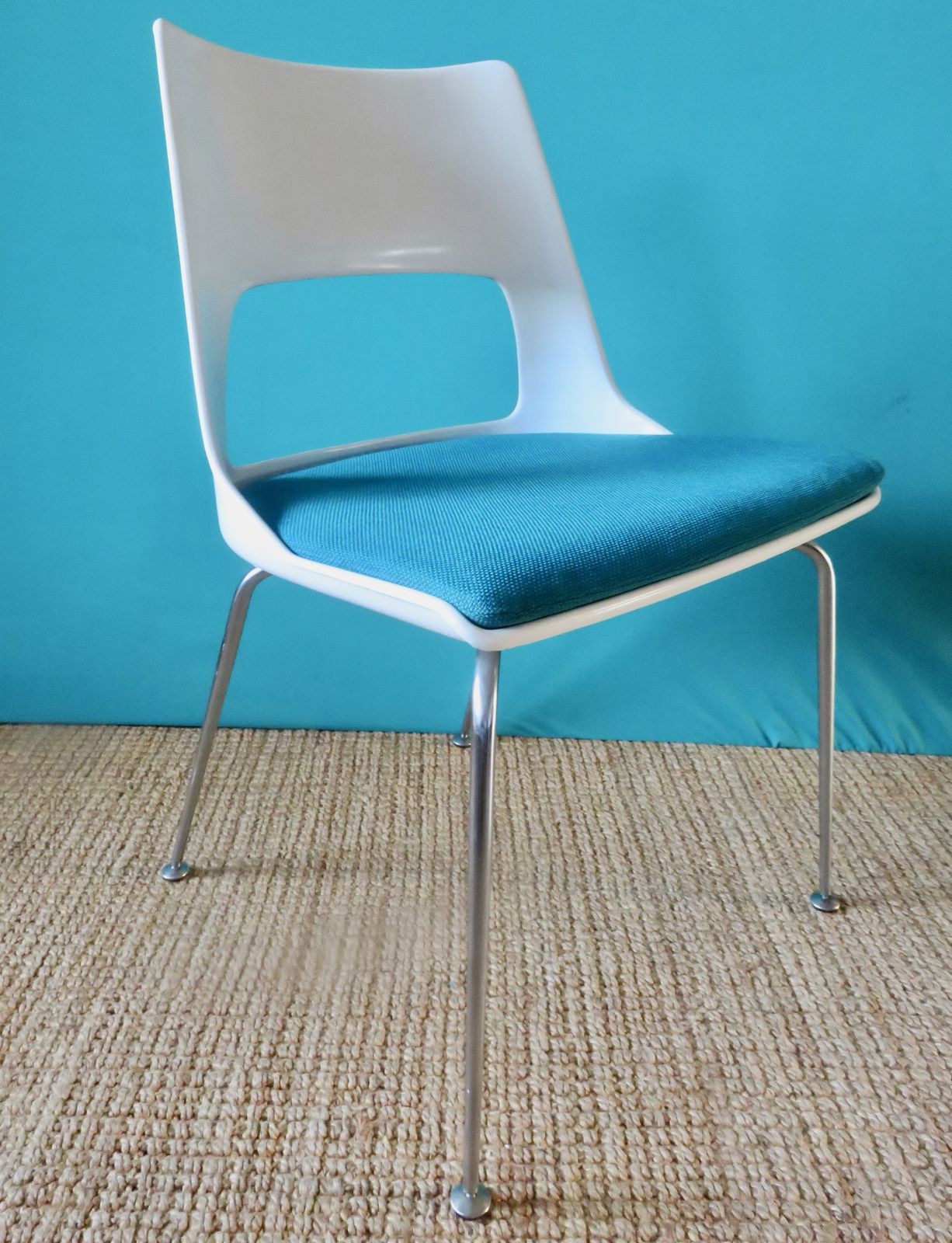 6 White Chairs With Turquoise Slab By Kay Korving. Denmark 1975 photo Furniture