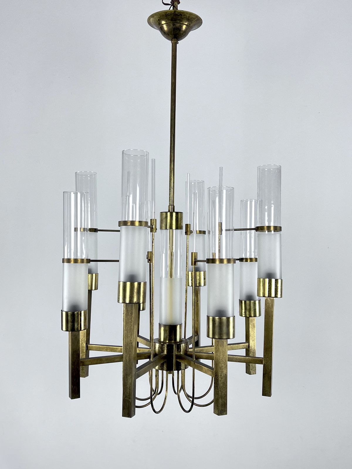 Sciolari, Eight Arms Brass And Glass Tube Chandelier. Italy 1960s