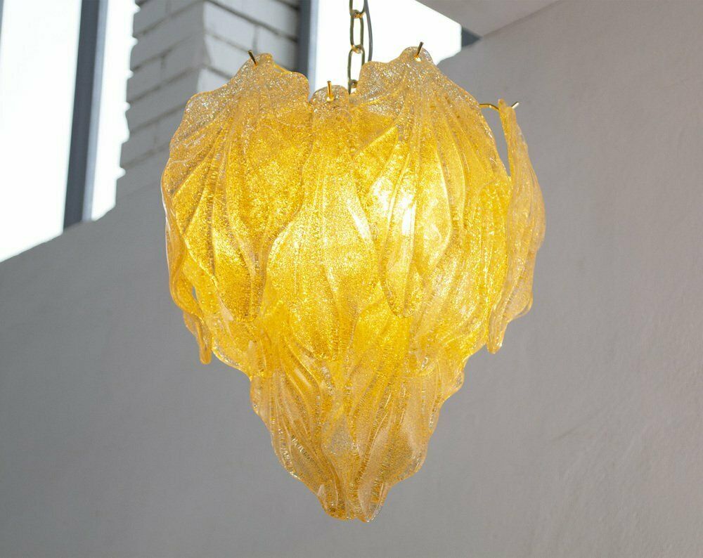 Suspension Chandelier With Murano Glass Leaves Italy 1990s photo vinterior