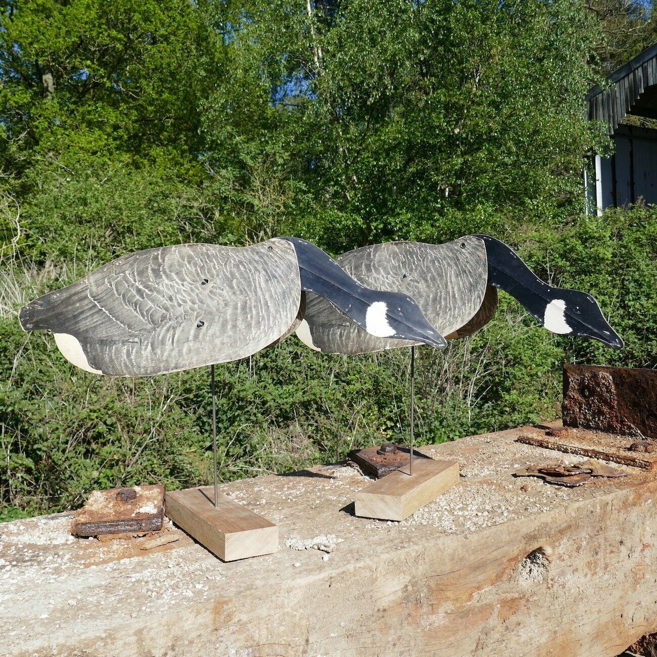 A Pair Of Feeding Folding Geese Decoys